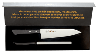 Masahiro Gavesett kokkekniv, 18cm + brynestav Knivsett/gaveesker Masahiro 